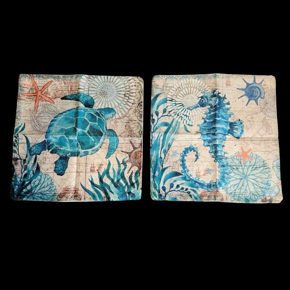 Ocean Theme Sea Turtle Seahorse Woven Decorative Pillow Covers Set of 2